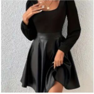 Elegant Black Women's Pleather Dress w/ slight puff shoulders